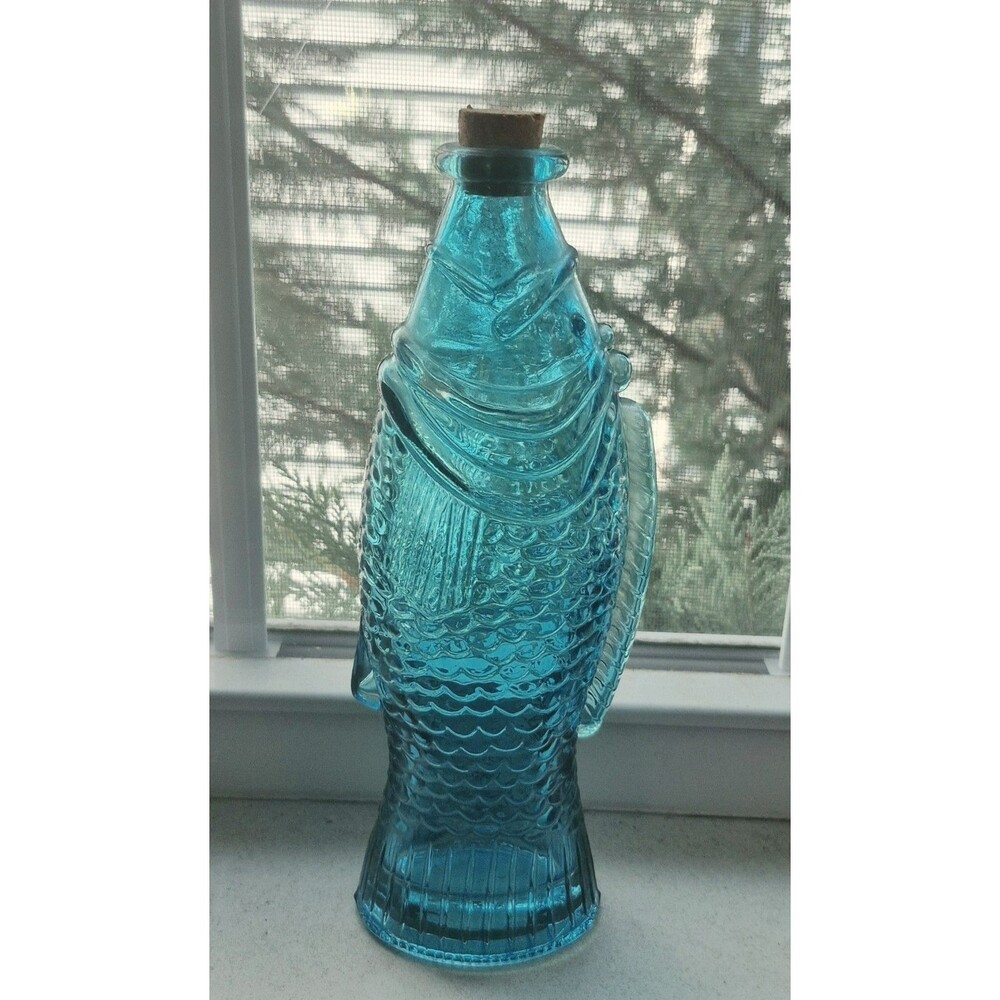 Vintage Aqua Blue Glass Fish Shaped Decanter 9" Short Neck With Cork